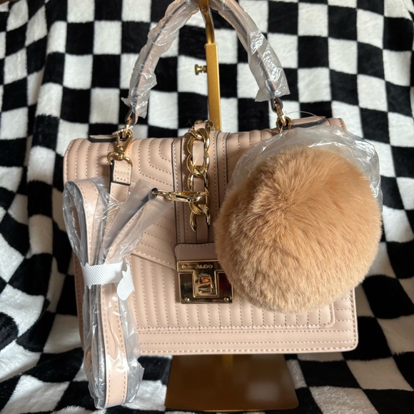 Aldo Blush Quilted Shoulder Bag with Fluffy Pom Pom - Picture 2 of 4